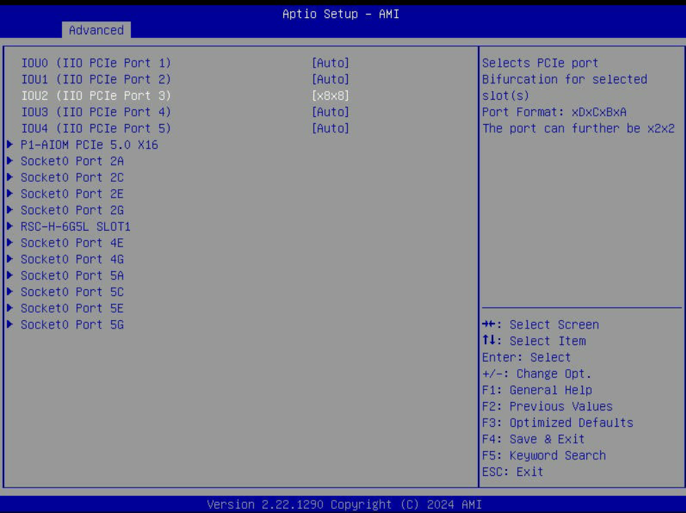 Example of x8x8 bifurcation setup in BIOS (Supermicro SYS-221H-TN24R)